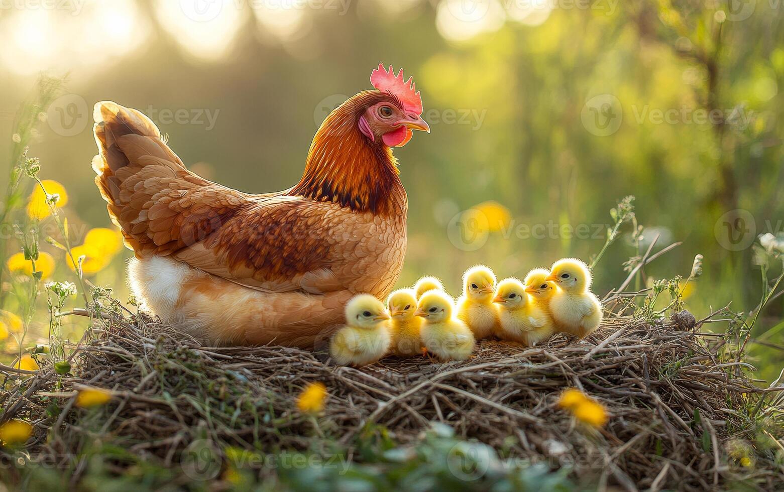 A mother chicken sits on a nest with her five chicks. Concept of warmth and family, as the mother hen is surrounded by her offspring. The yellow flowers in the background add a touch of brightness photo