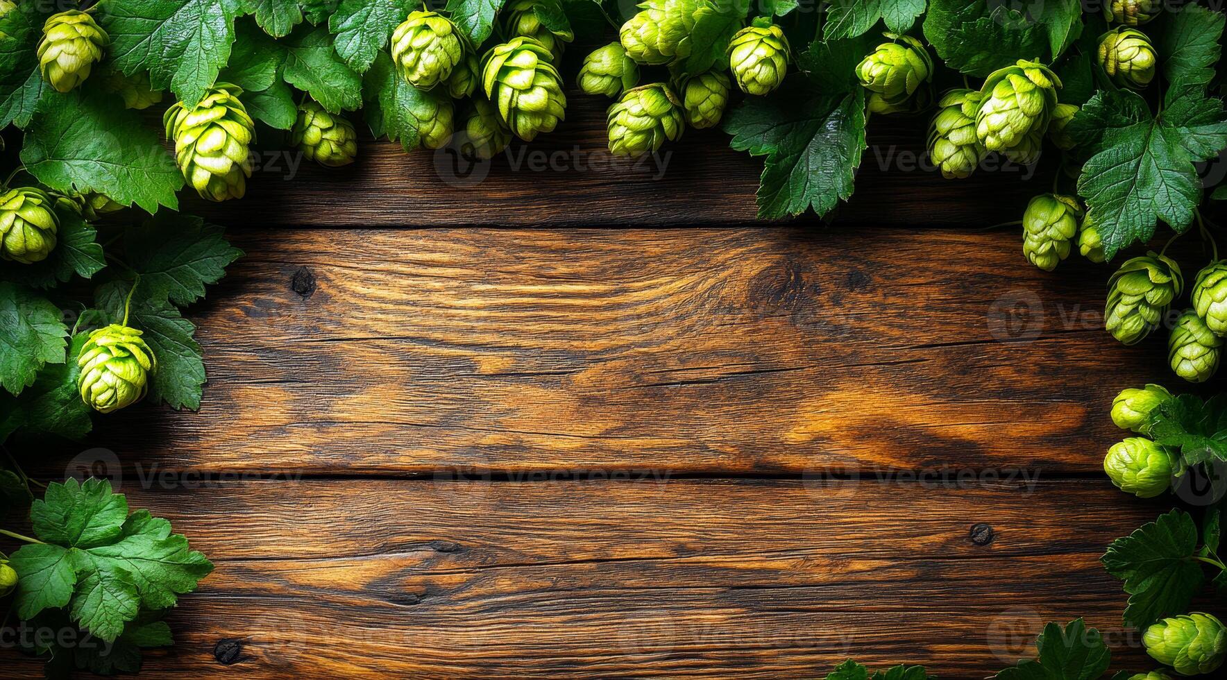 A wooden frame with green leaves surrounding it. The frame is made of wood and the leaves are green photo