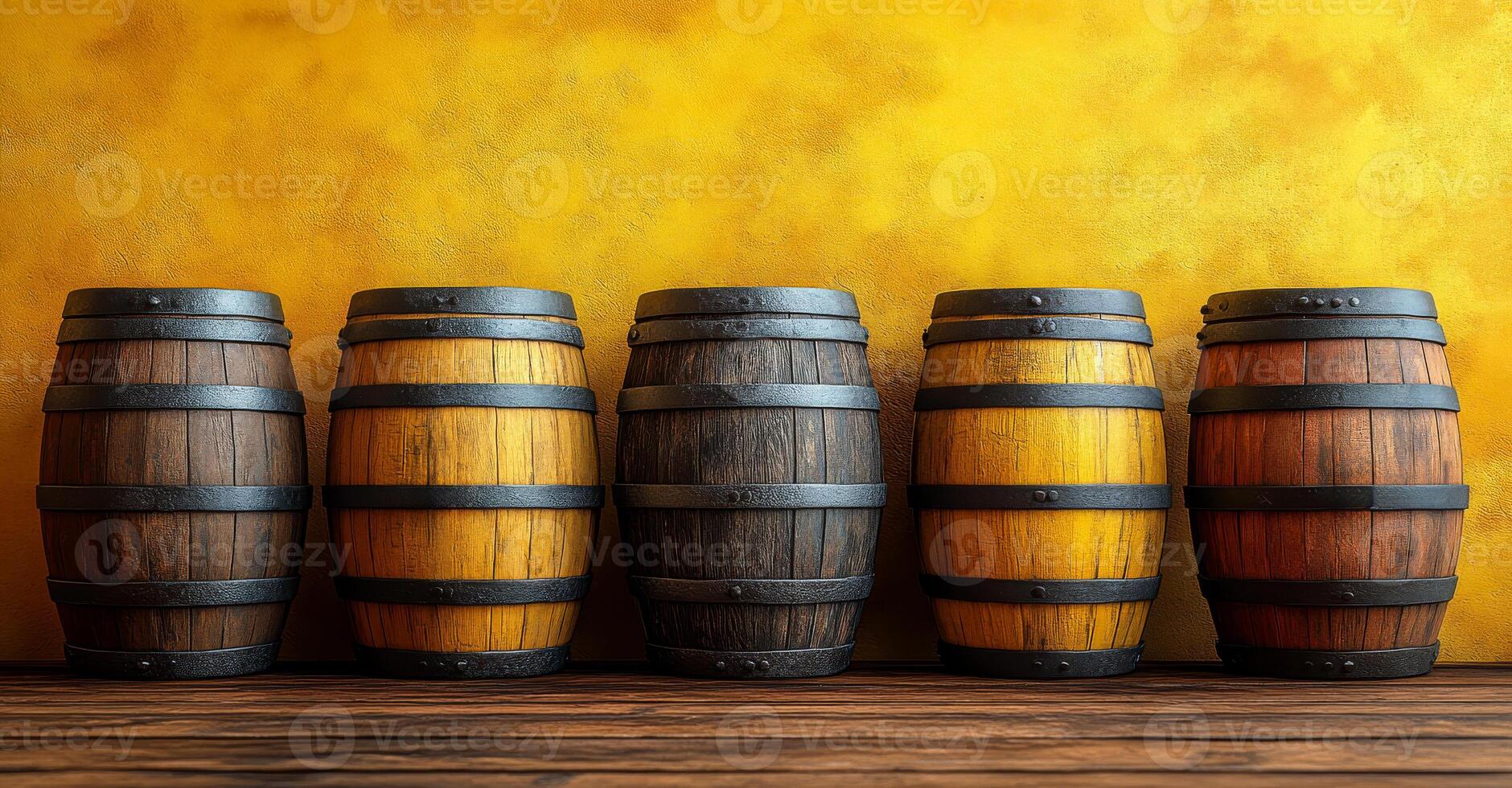 A row of wooden barrels with different colors and sizes. The barrels are arranged in a line on a wooden shelf photo