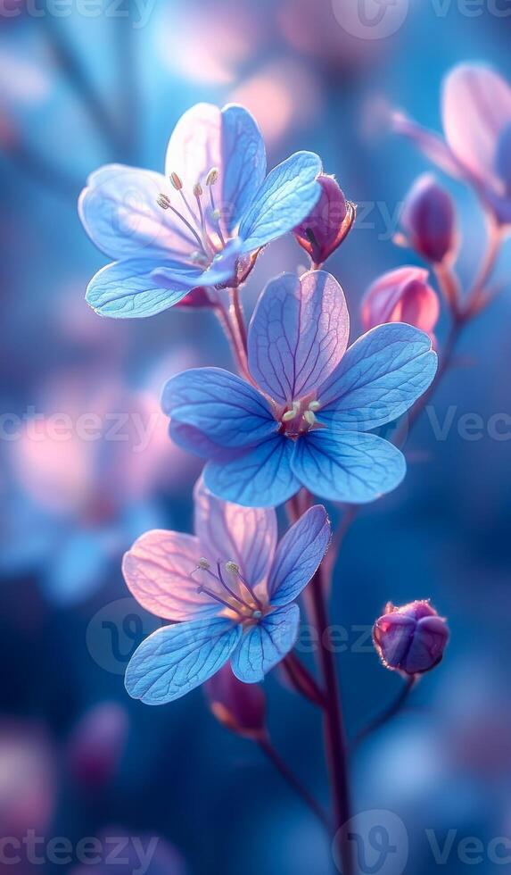 A close up of a blue flower with a pink center. The flower is surrounded by a blue background photo