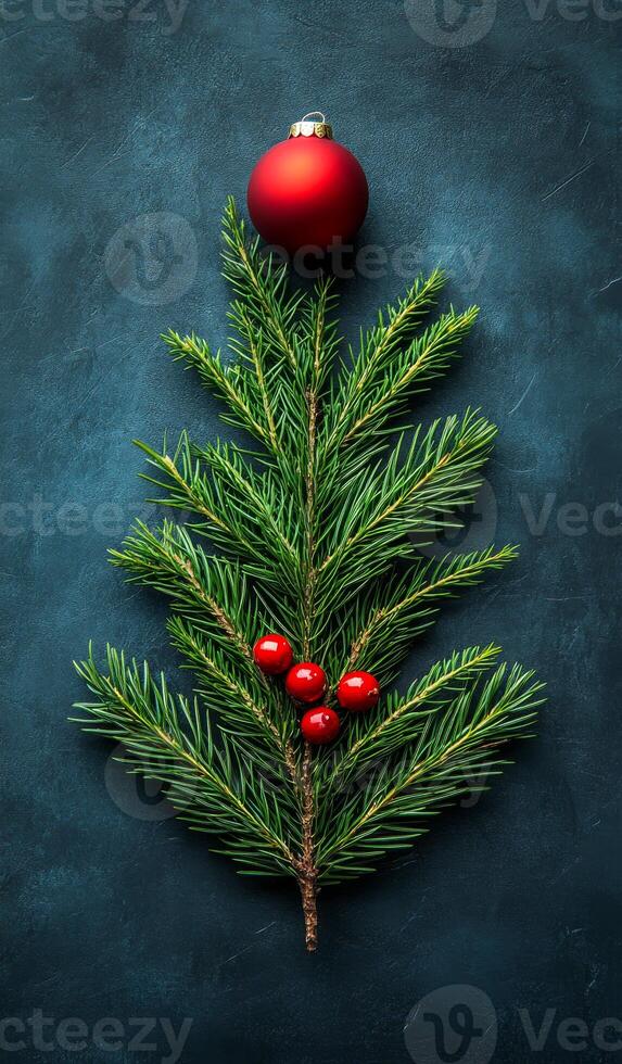 A Christmas tree made of pine needles and berries with a red ornament on top. The image conveys a festive and joyful mood, as it represents the holiday season and the spirit of giving and celebration photo