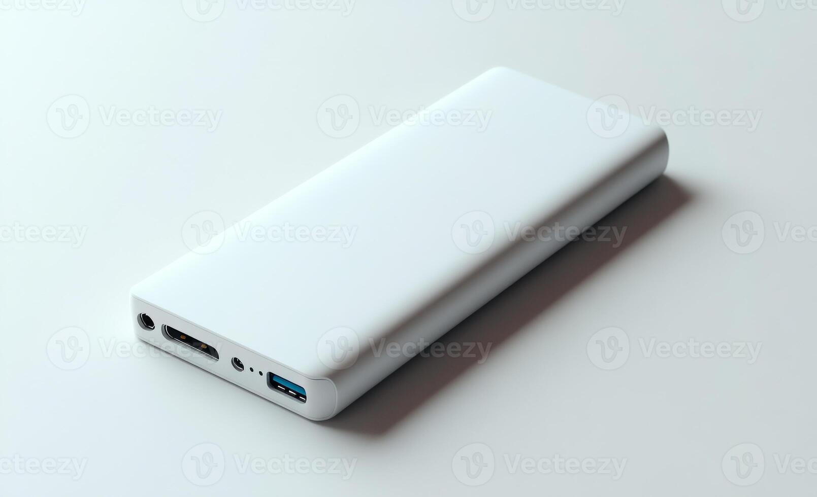 A white power bank is sitting on a white surface. The white color of the power bank and the surface creates a sense of cleanliness and simplicity photo