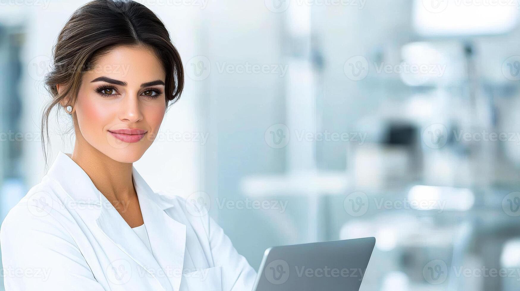 A woman in a white lab coat is smiling and holding a tablet. She is a doctor or a nurse, and the tablet could be a medical device or a computer. Concept of professionalism and competence photo