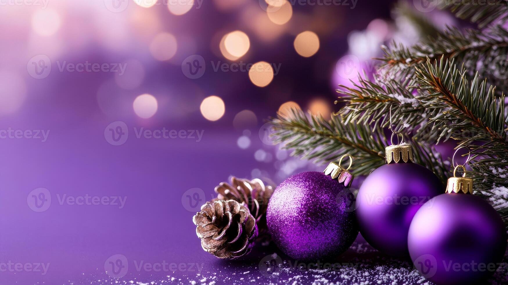 A purple background with a tree and three purple balls. The balls are on top of a pine cone photo