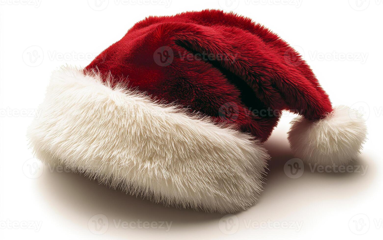 A red and white santa hat with a white pom pom on top. The hat is fluffy and looks like it's ready for a winter holiday photo
