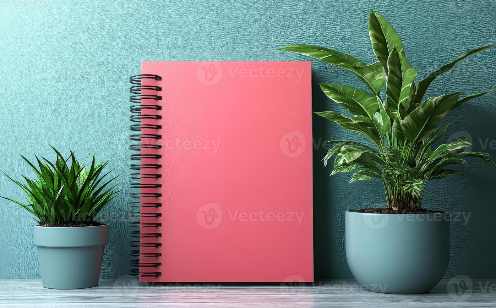 A pink spiral notebook sits on a table next to two potted plants. The notebook is open to a blank page, and the plants are green and healthy. Concept of calm and productivity photo