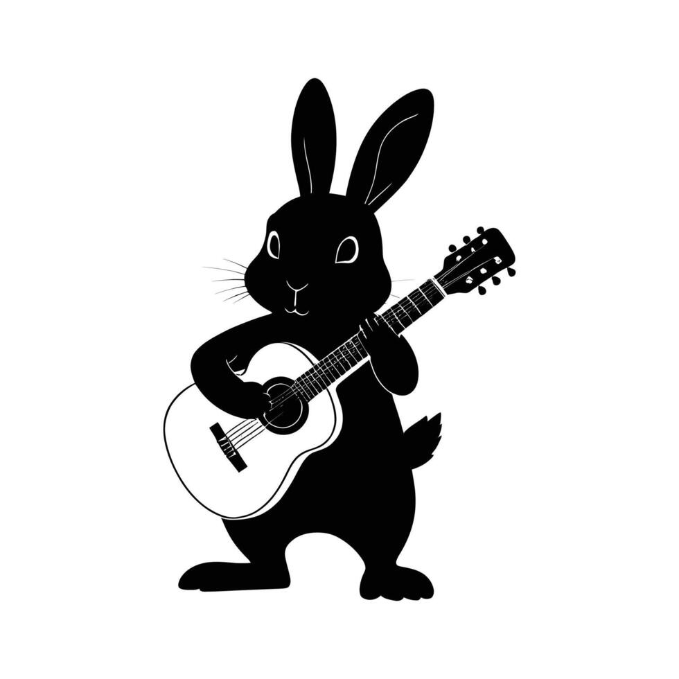 A black and white illustration of a rabbit playing an acoustic guitar vector