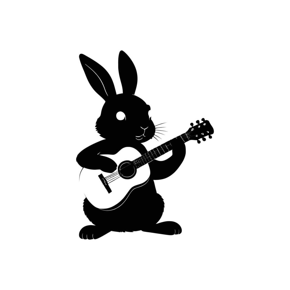A black and white silhouette of a rabbit playing an acoustic guitar vector