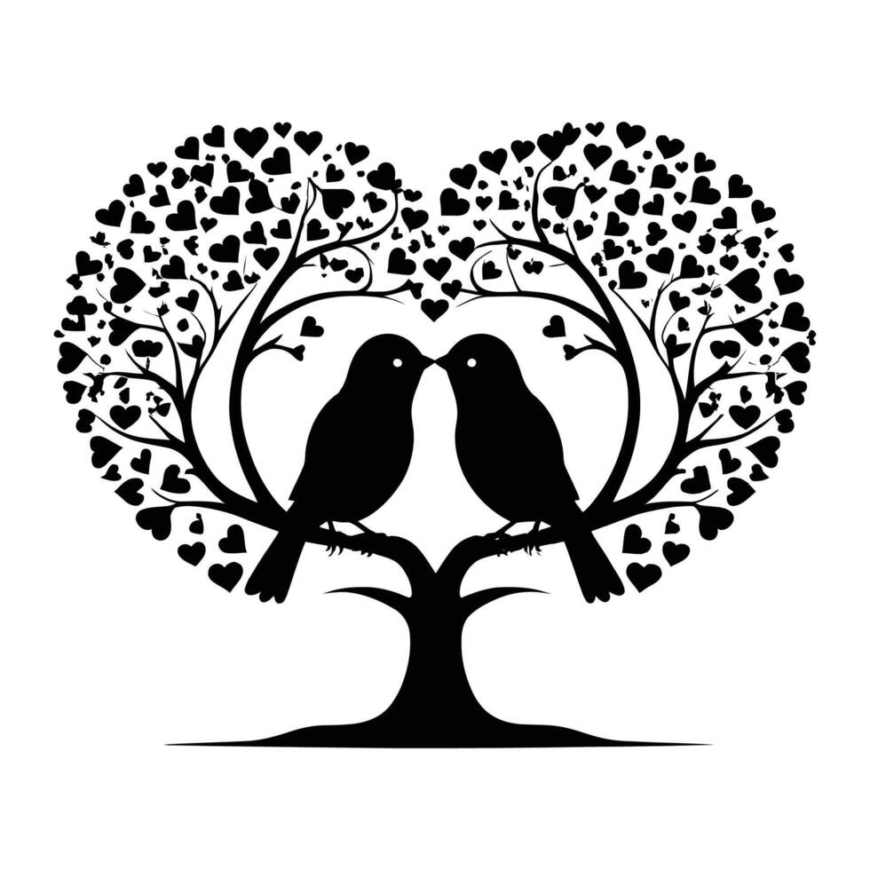 Two birds on a tree in the shape of a heart vector
