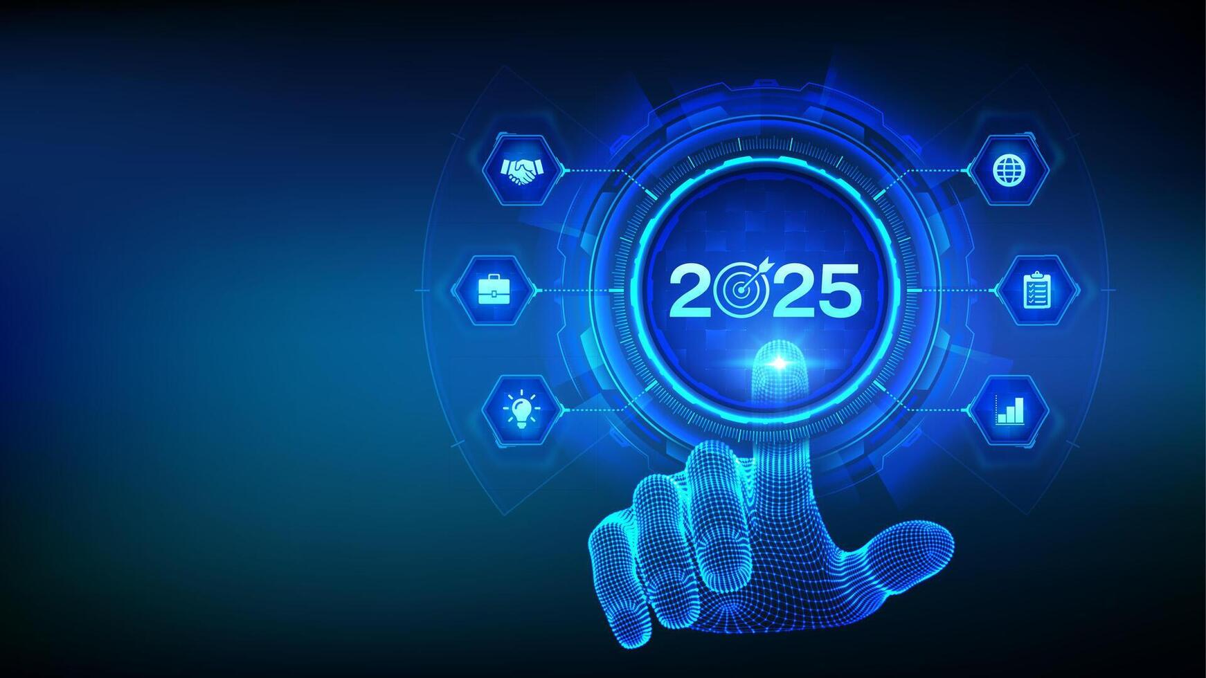 2025 New year Goals and plans. Business plan and strategies. Goal acheiveement and success in 2025. Resolutions, plan, action, checklist concept. Wireframe hand touching digital interface. vector