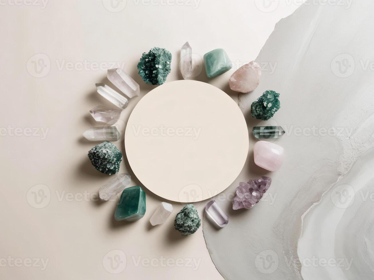 Crystal minerals are beautifully arranged in this design. photo