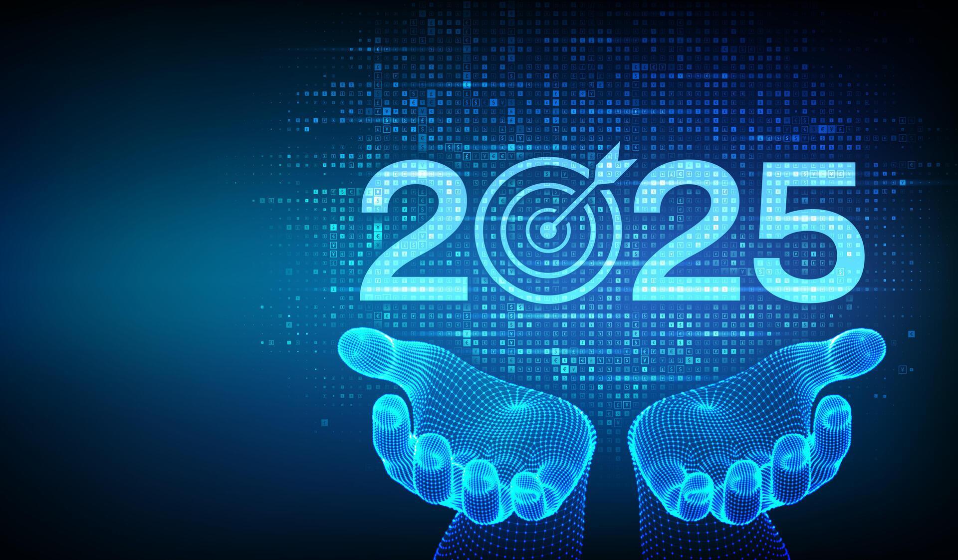 2025 New year Goals and plans. Numbers 2025 made with currency symbols in wireframe hands. New