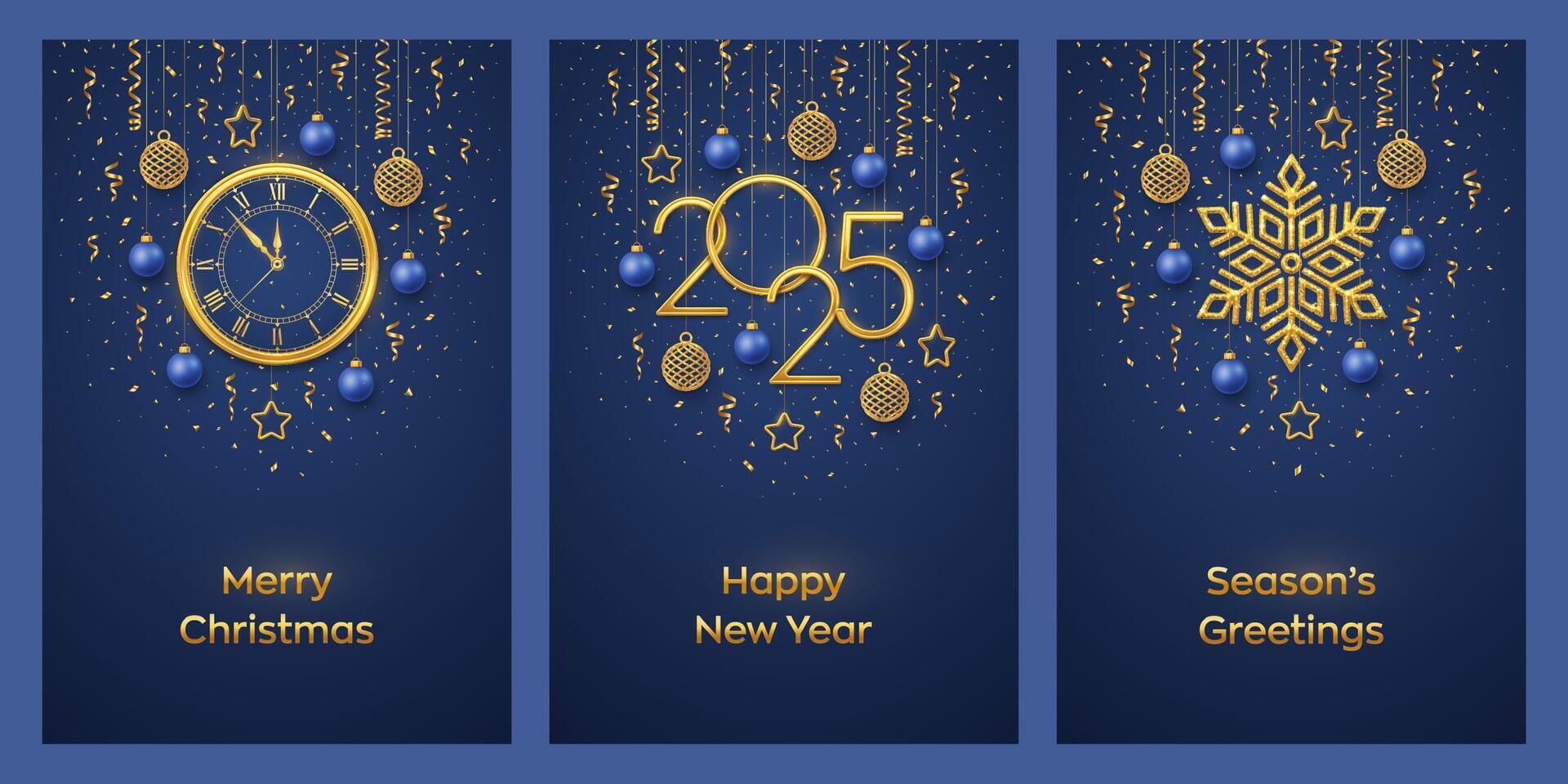 Christmas card set. Happy New Year 2025. Gold numbers 2025, snowflake, watch with Roman numeral and countdown midnight, eve for New Year. Hanging stars, balls on blue background. vector