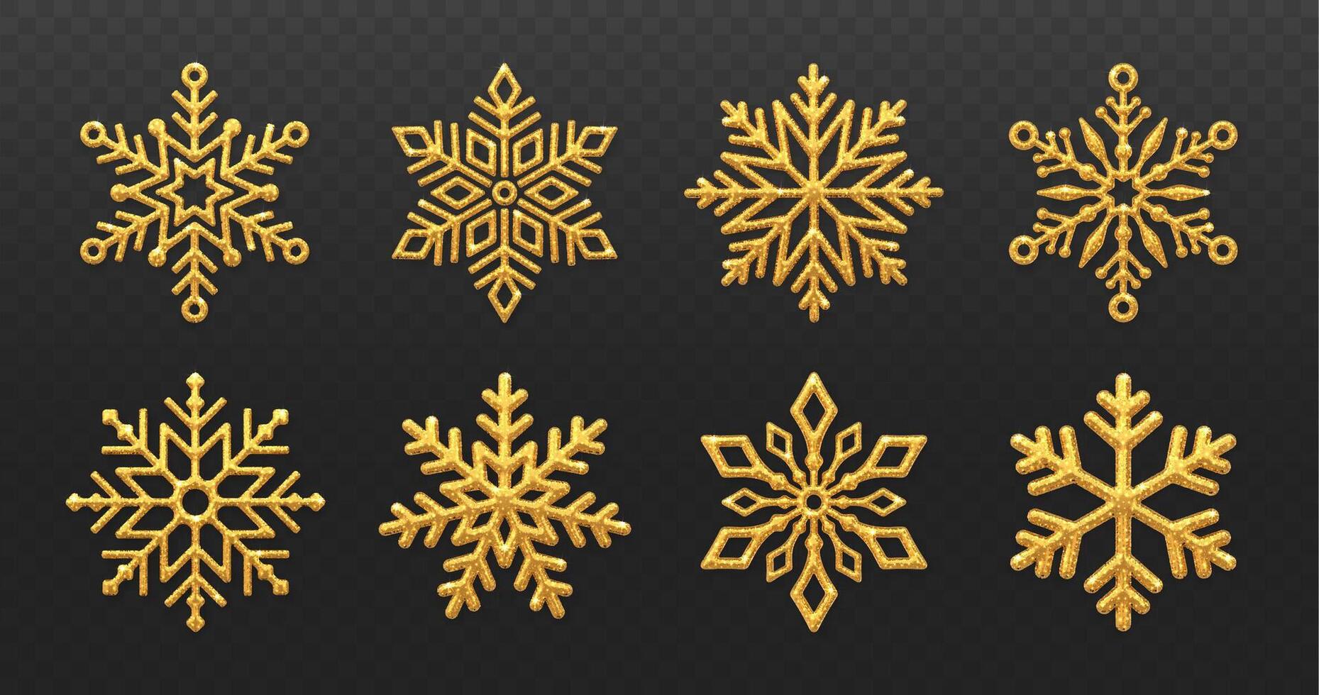 Gold Snowflakes set. Sparkling golden snowflakes with glitter texture isolated on transparent background. Merry Christmas and happy new year greeting card design element. vector