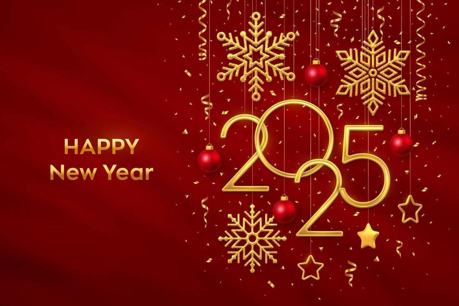 Happy New Year 2025. Hanging Golden metallic numbers 2025 with shining snowflakes, 3D metallic stars, balls and confetti on red background. New Year greeting card or banner template. vector