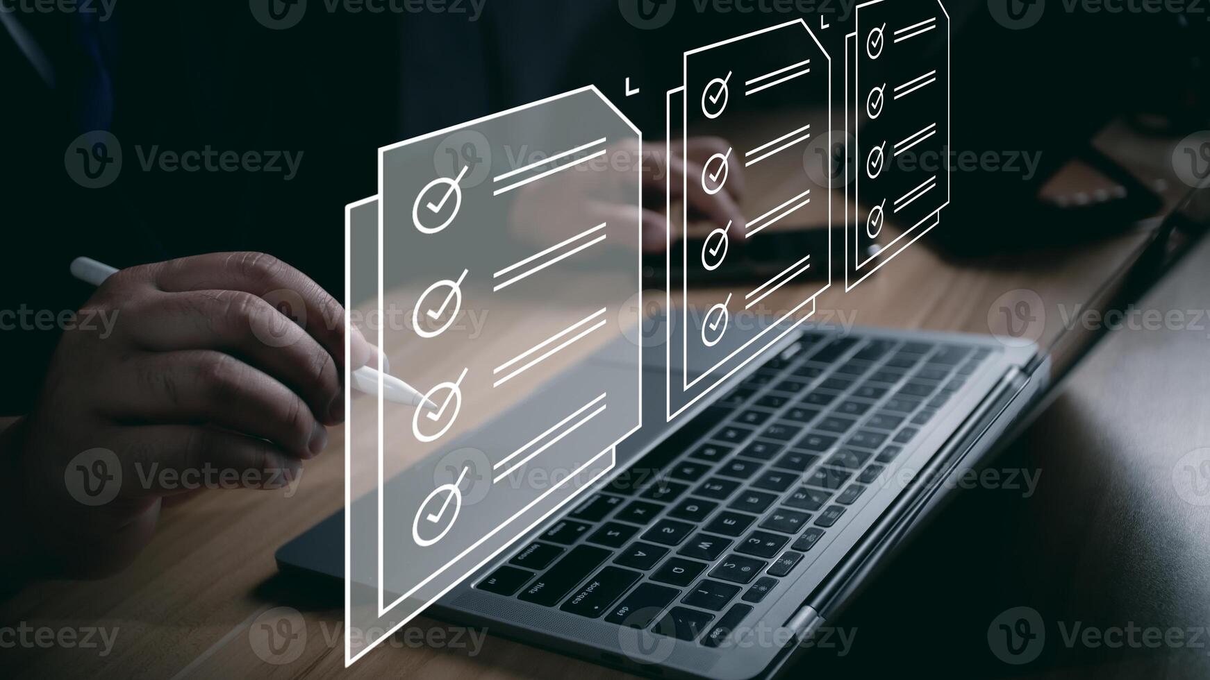 Checklist and filling survey form online. Document management system, DMS. Assessment form, questionnaire, checklist and clipboard task management. Businessman working on tablet productivity. photo