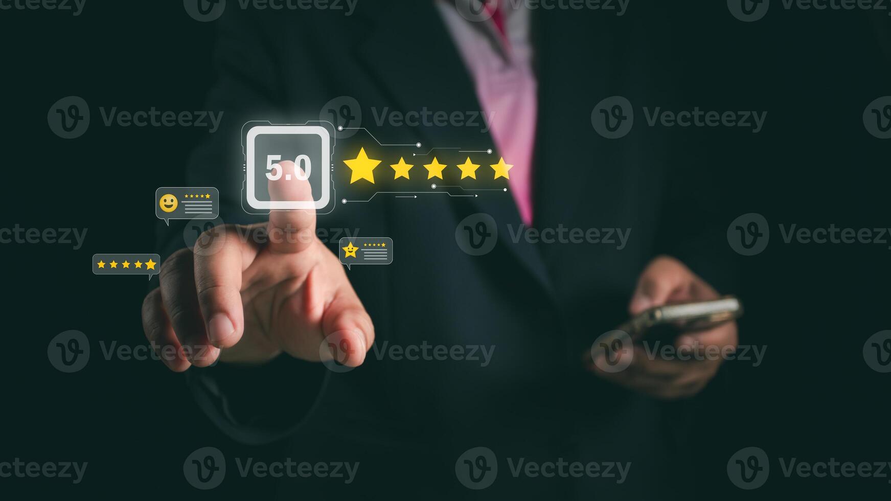 Customer Experience Concept, Best Excellent Services for Satisfaction present by Opened Hand of Client giving a Five Star Rating photo
