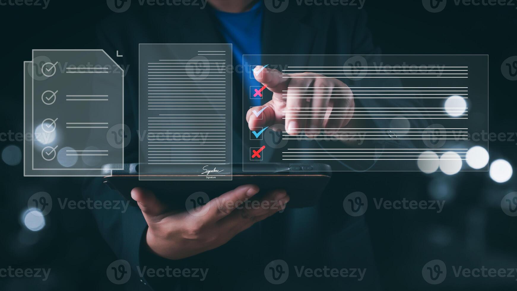 Checklist and filling survey form online. Document management system, DMS. Assessment form, questionnaire, checklist and clipboard task management. Businessman working on tablet productivity. photo
