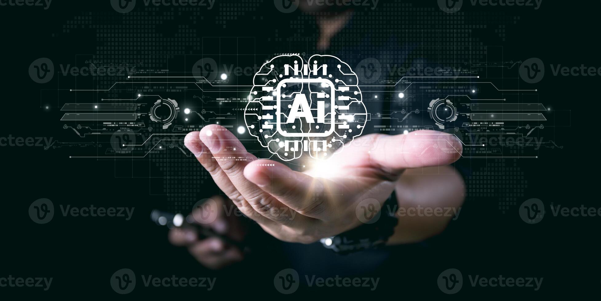 Businessman interact with AI artificial intelligence brain processor in concept of AI artificial intelligence engineering, big data and AI machine learning to use for business support. photo