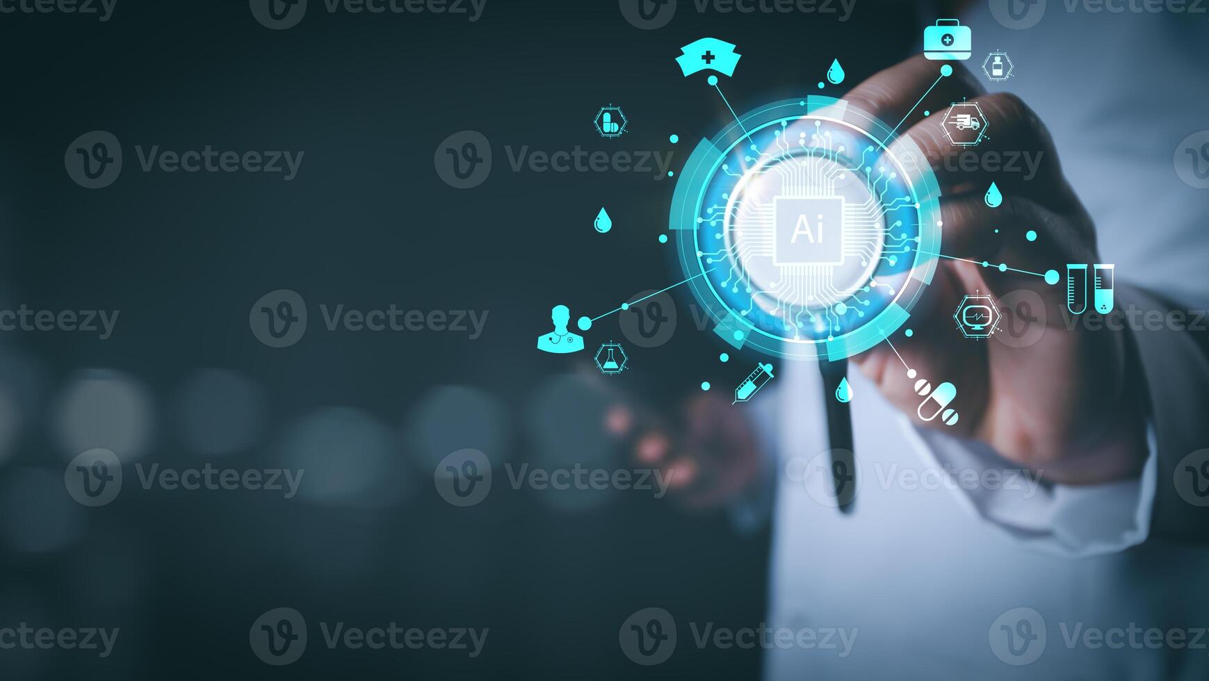 Medical worker using stethoscope on virtua medical AI technology services concept.Doctor hold virtual medical revolution and advance of technology Artificial Intelligence technology for future Health photo