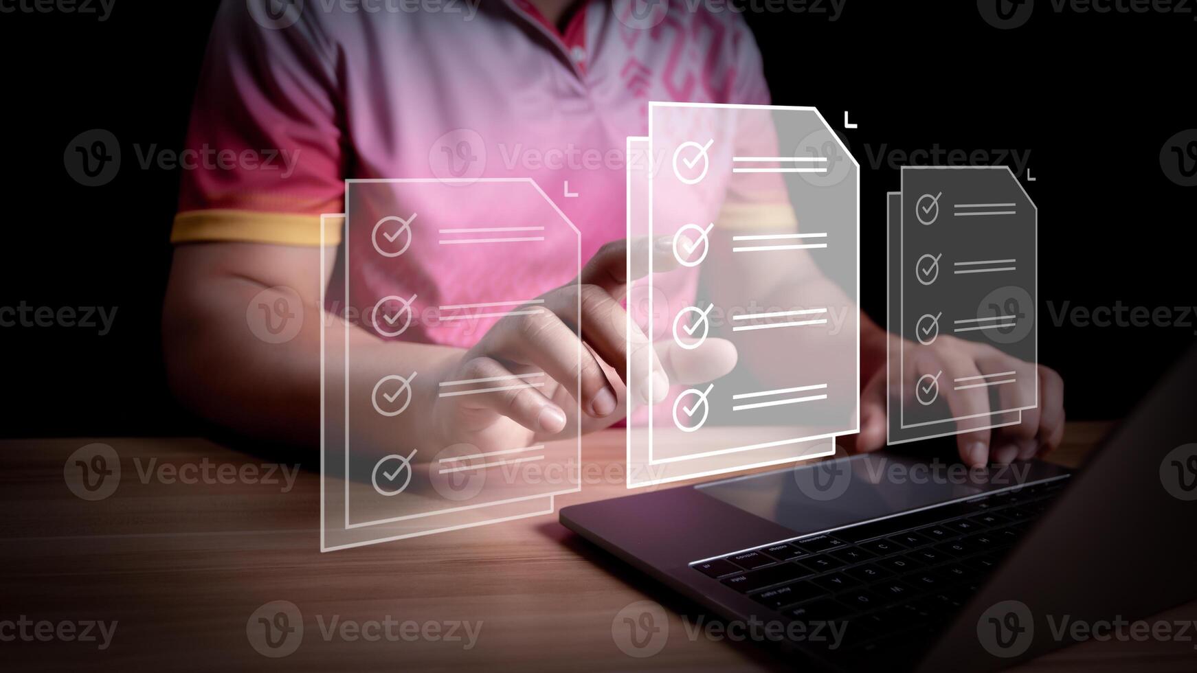 Businessman check electronic documents on digital documents and checklist approve, online evaluation of business on virtual interface, Communication technology concept. photo