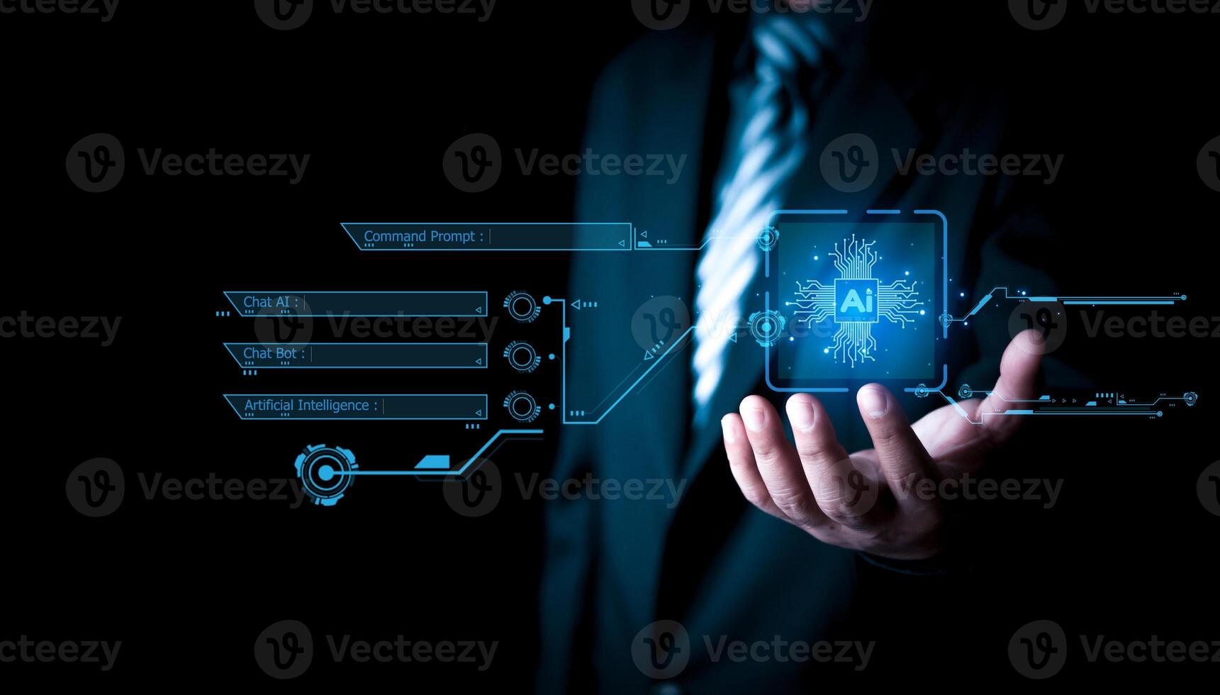 AI chat bot communicate and answer question to businessman with smart solution idea, Artificial Intelligence, Man using command prompt for generates something, Futuristic technology transformation. photo