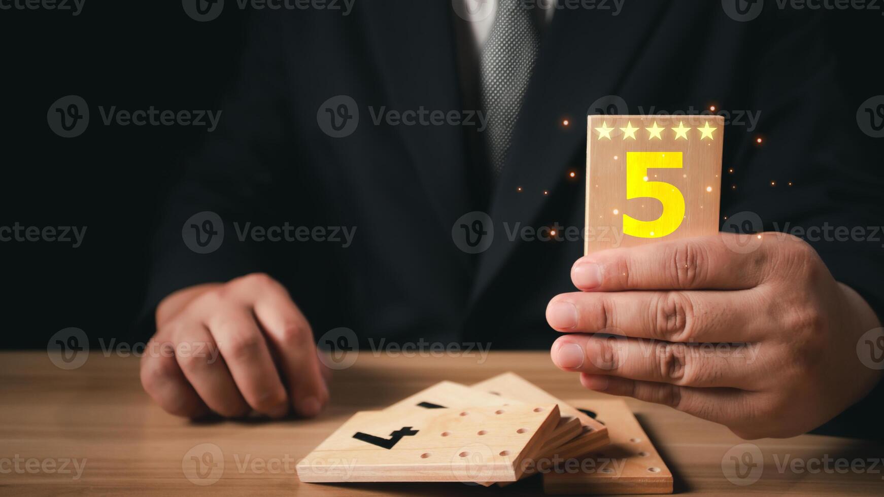 Customer Experience Concept, Best Excellent Services for Satisfaction present by Opened Hand of Client giving a Five Star Rating photo