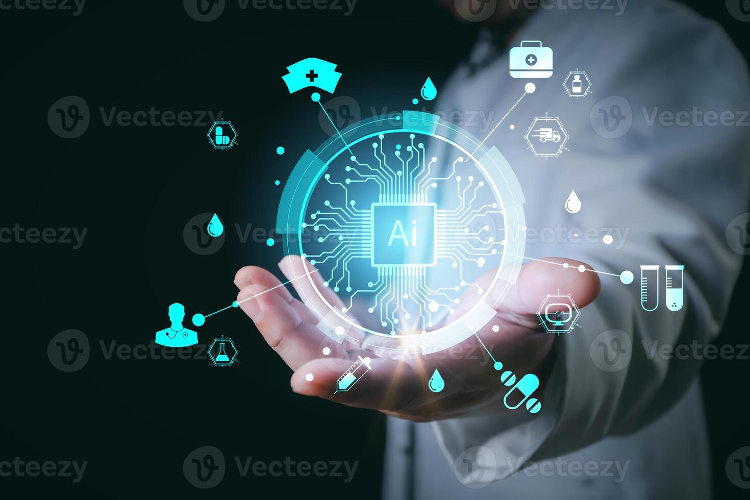 Medical worker touch virtua medical AI technology services concept.Medical worker hold virtual medical revolution and advance of technology Artificial Intelligence and technology for future Health. photo