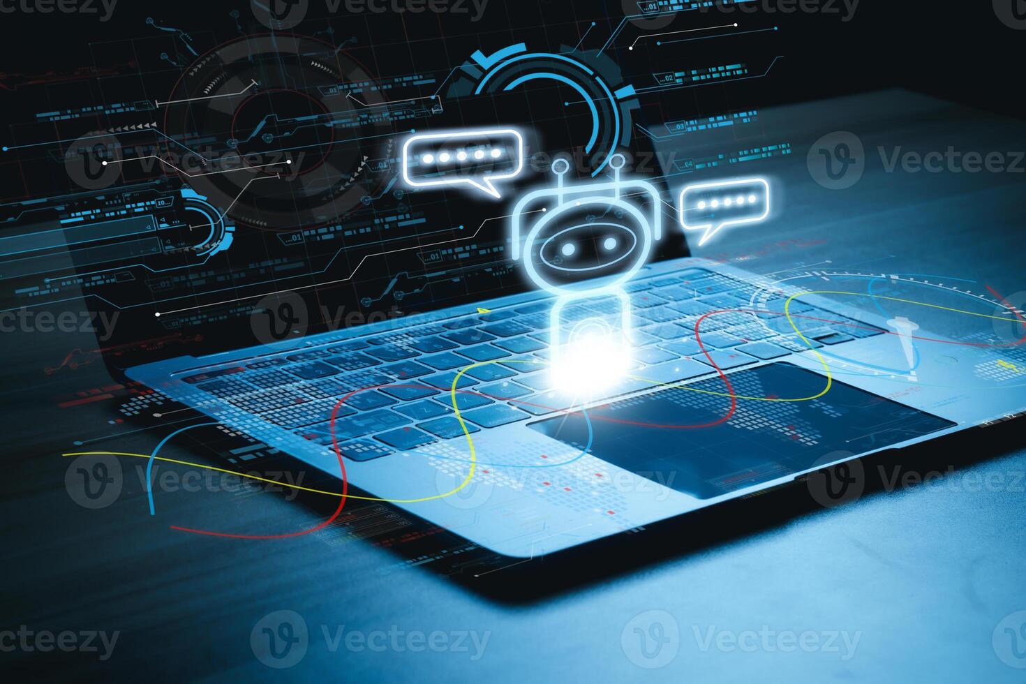 robot with labtop, digital chatbot for provide access to information and data in online network, robot application and global connection, AI, Artificial intelligence, innovation and technology. photo