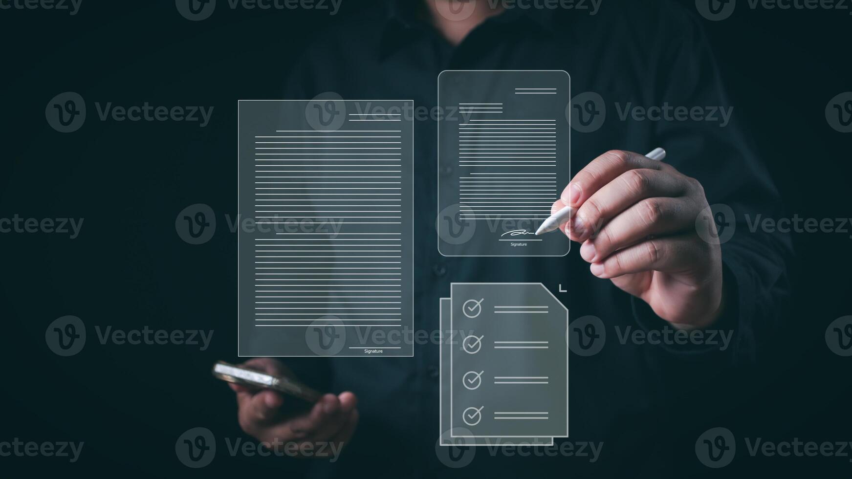 Electronic signature business concept. Businessman signs an electronic document, business approved, executing plan, project approved. Digital signature. Electronic documents, digital business, online. photo