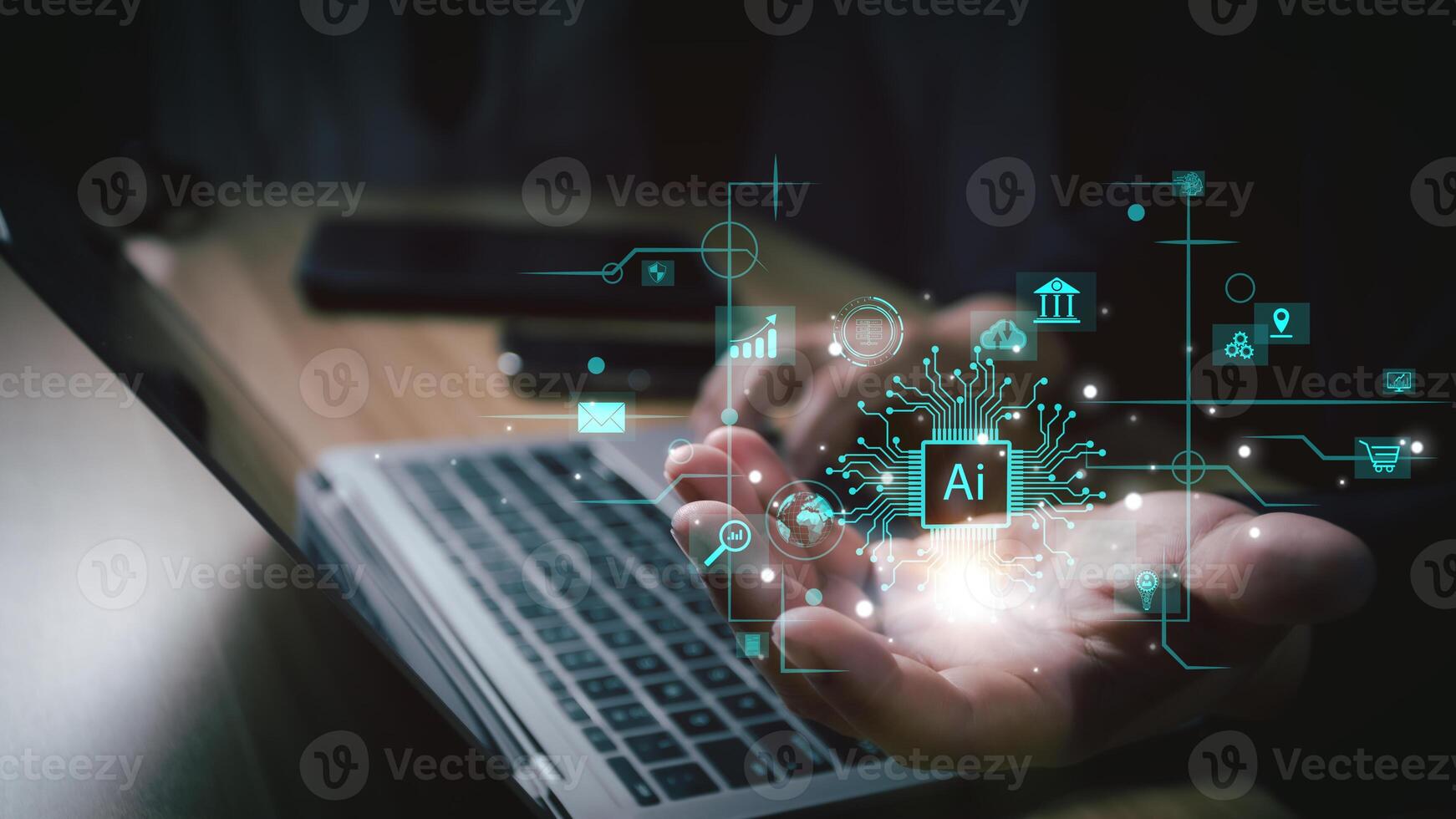 Ai technology, Artificial Intelligence. man using technology smart robot AI, artificial intelligence by enter command prompt for generates something, Futuristic technology transformation. Chat with Ai photo