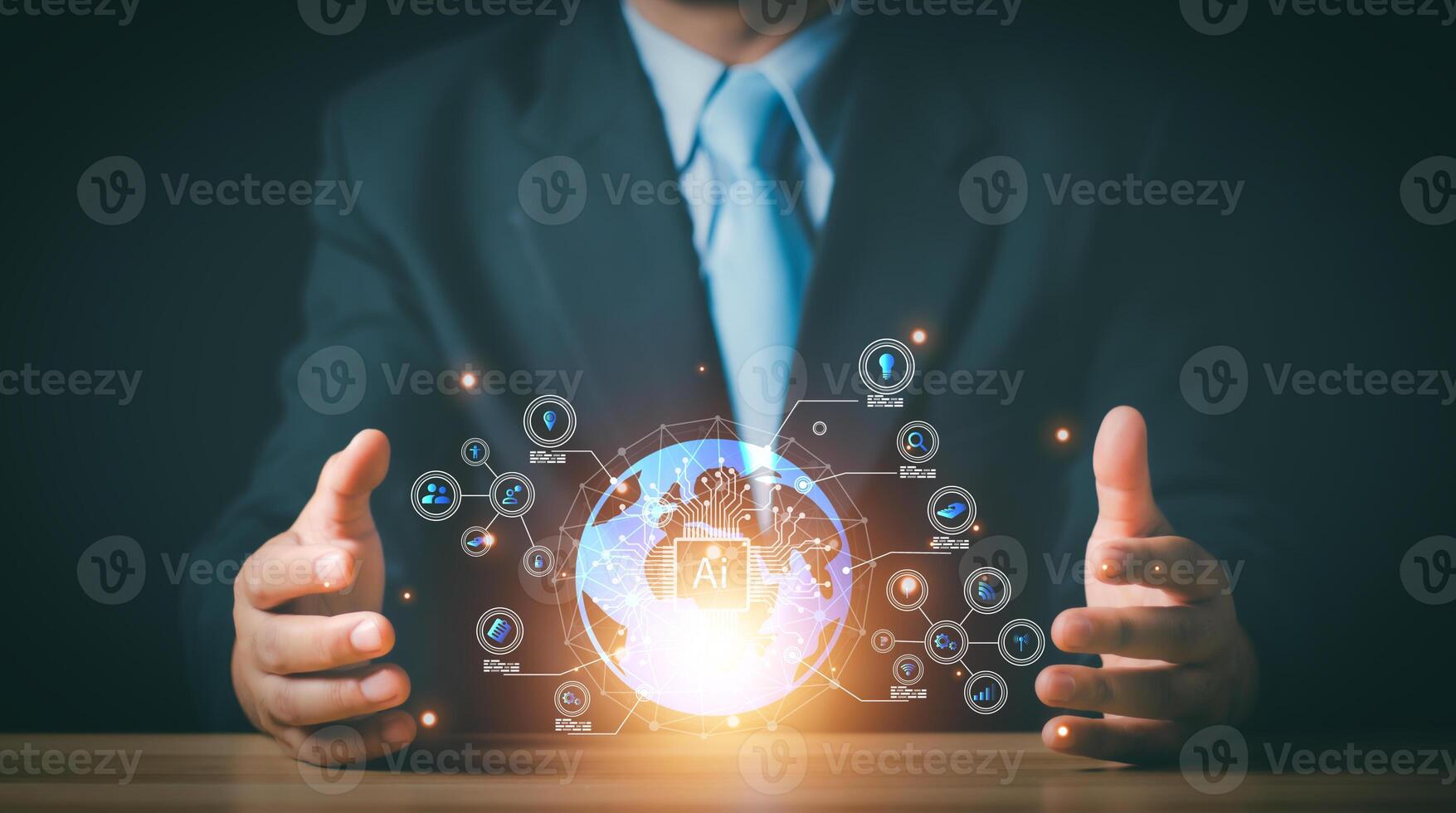 Ai technology, Artificial Intelligence. man using technology smart robot AI, artificial intelligence by enter command prompt for generates something, Futuristic technology transformation. Chat with Ai photo