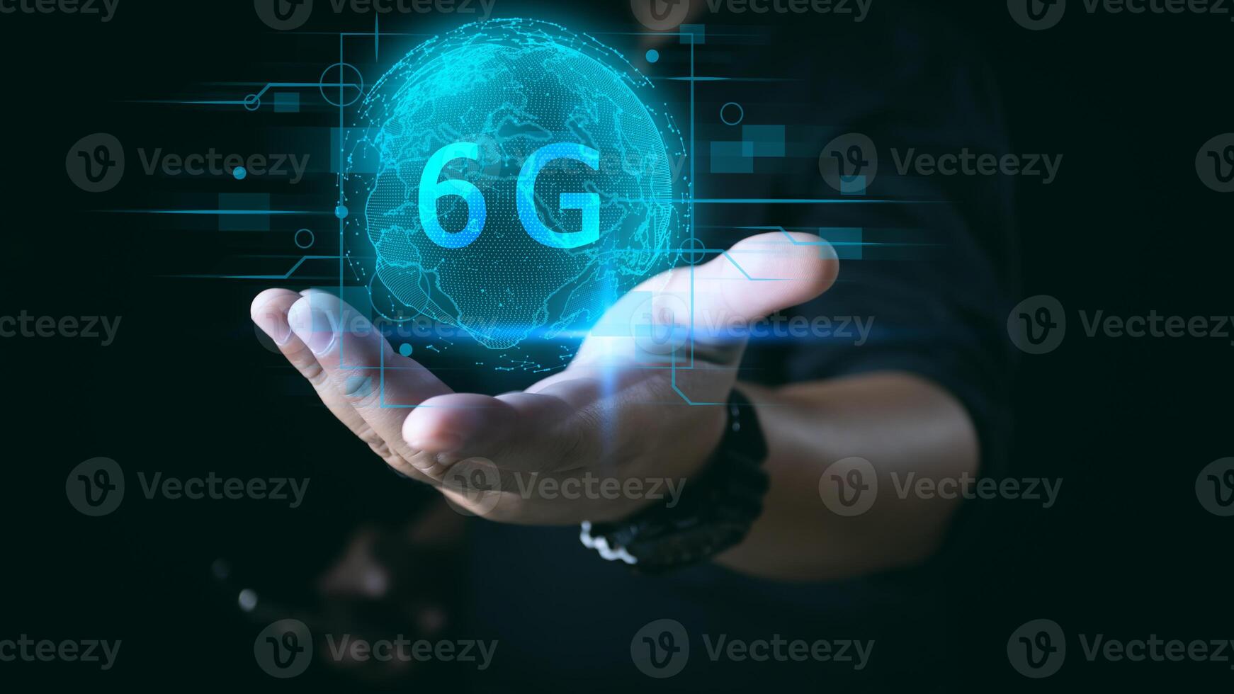 Businessman holding global network connection on 6G technology and futuristic advancement, uture technology 6G network internet of thinks connection communication, high-speed internet network signal. photo