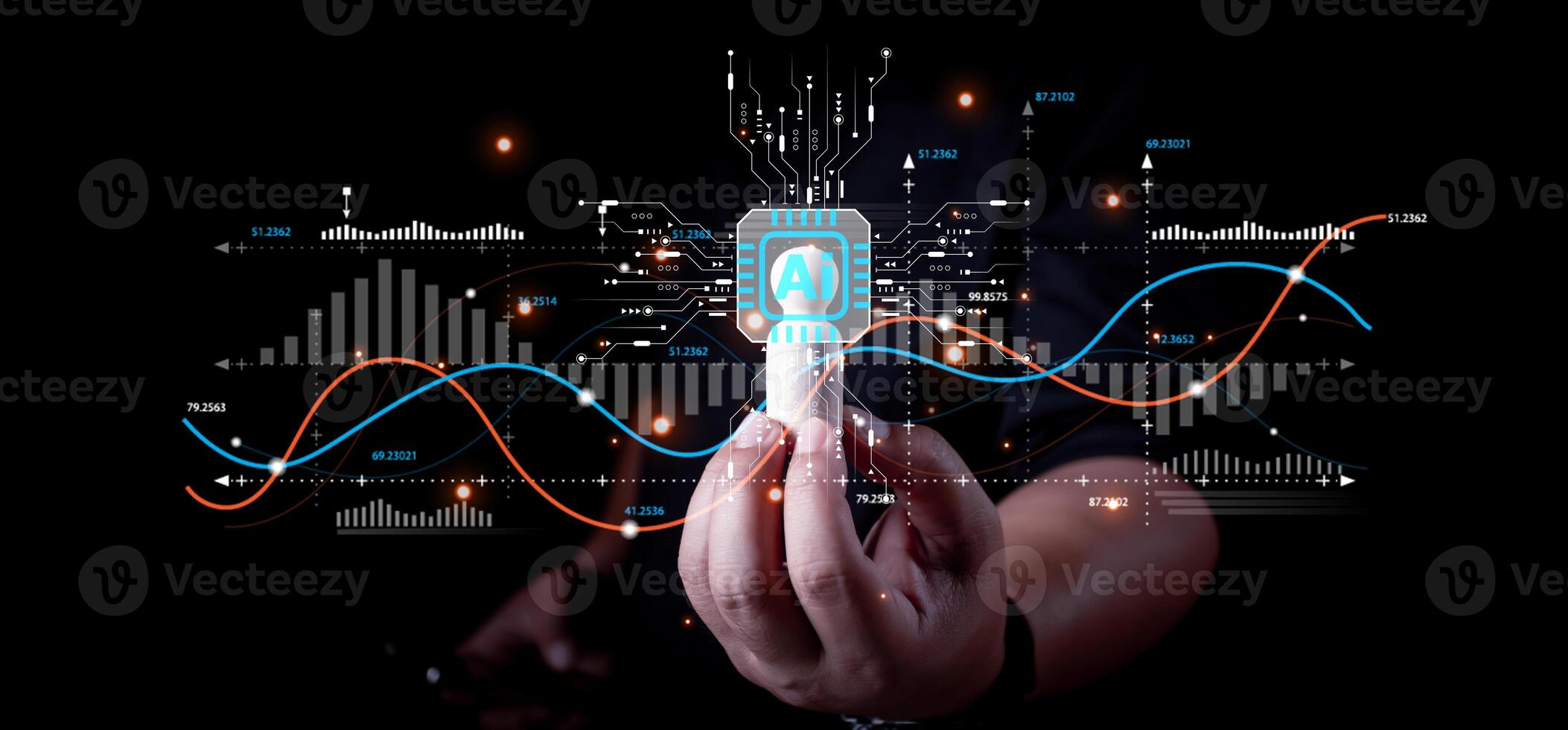 Businessman interact with AI artificial intelligence brain processor in concept of AI artificial intelligence engineering, big data and AI machine learning to use for business support. photo