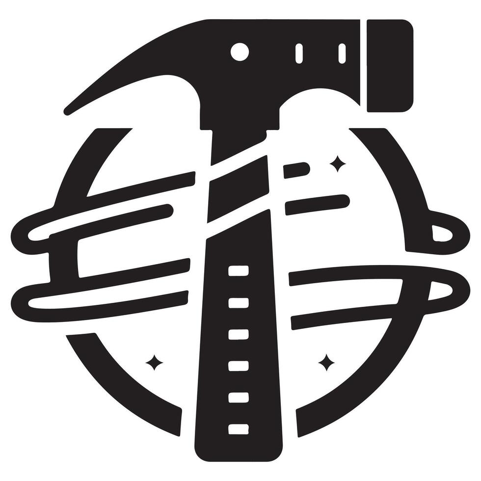 Creative Black Hammer Icon with Circle and Stars on white background vector