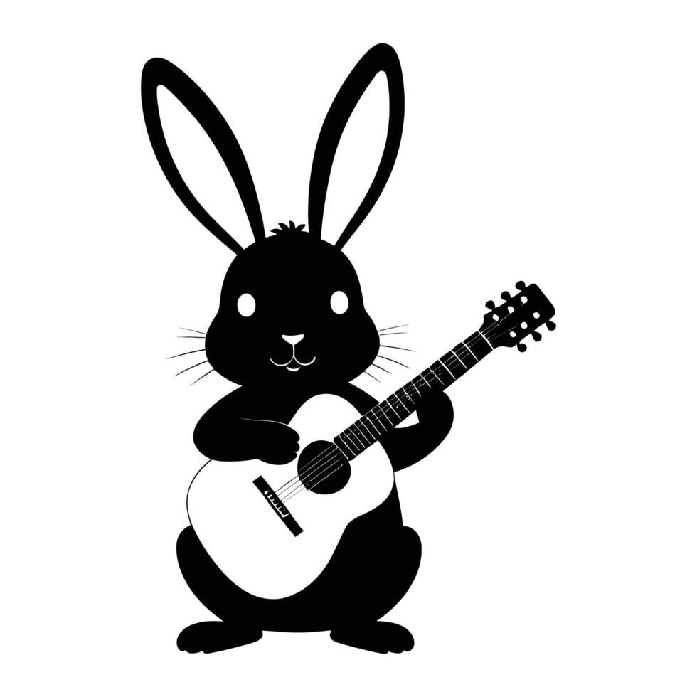 A black and white illustration of a rabbit playing an acoustic guitar vector