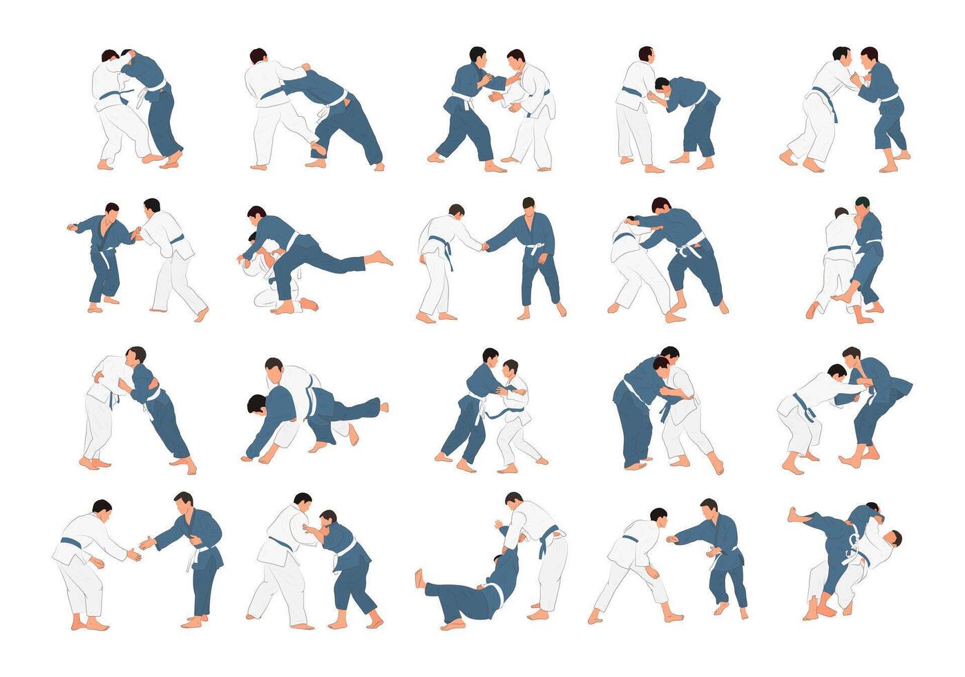 Judo sports, martial art, silhouettes of judokas, flat, set, many vector
