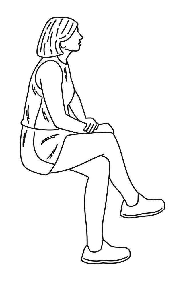 Woman sitting, female profile, silhouette sketch vector