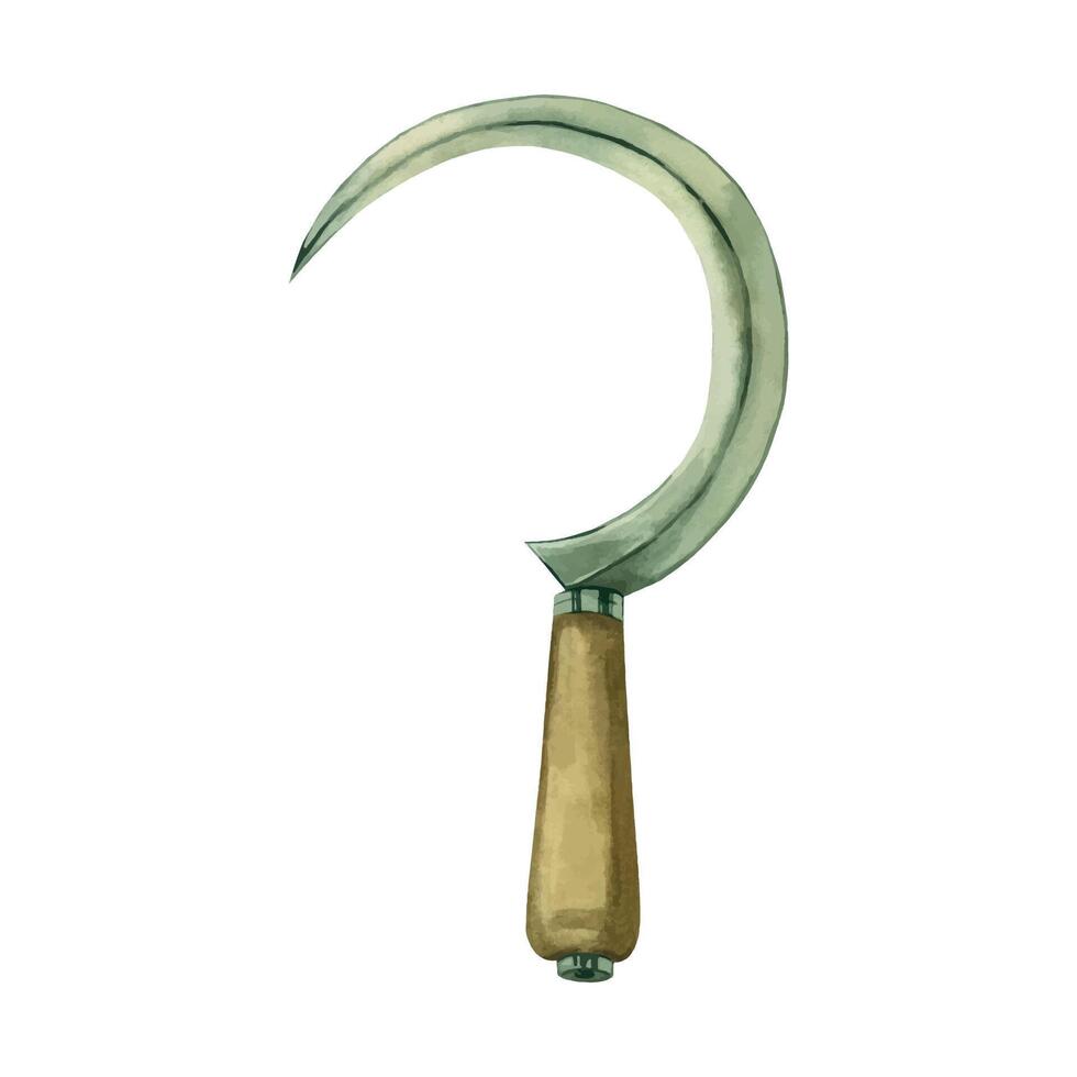 Sickle, a hand-held agricultural tool, for harvesting, ears of wheat. All objects are hand-drawn with watercolors. Suitable for printing on fabric, paper, for scrapbooking and product packaging design vector