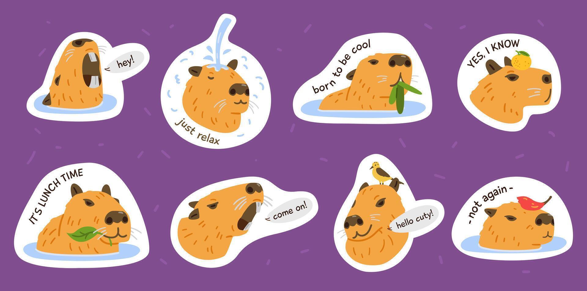 Capybaras heads with different emotions and phrases funny stickers set. vector