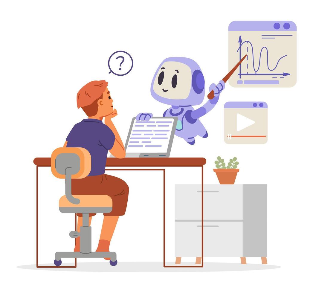 School boy sitting at table with laptop using Ai bot help while studying mathematics. Artificial intelligence in school education concept flat illustration isolated on white. vector