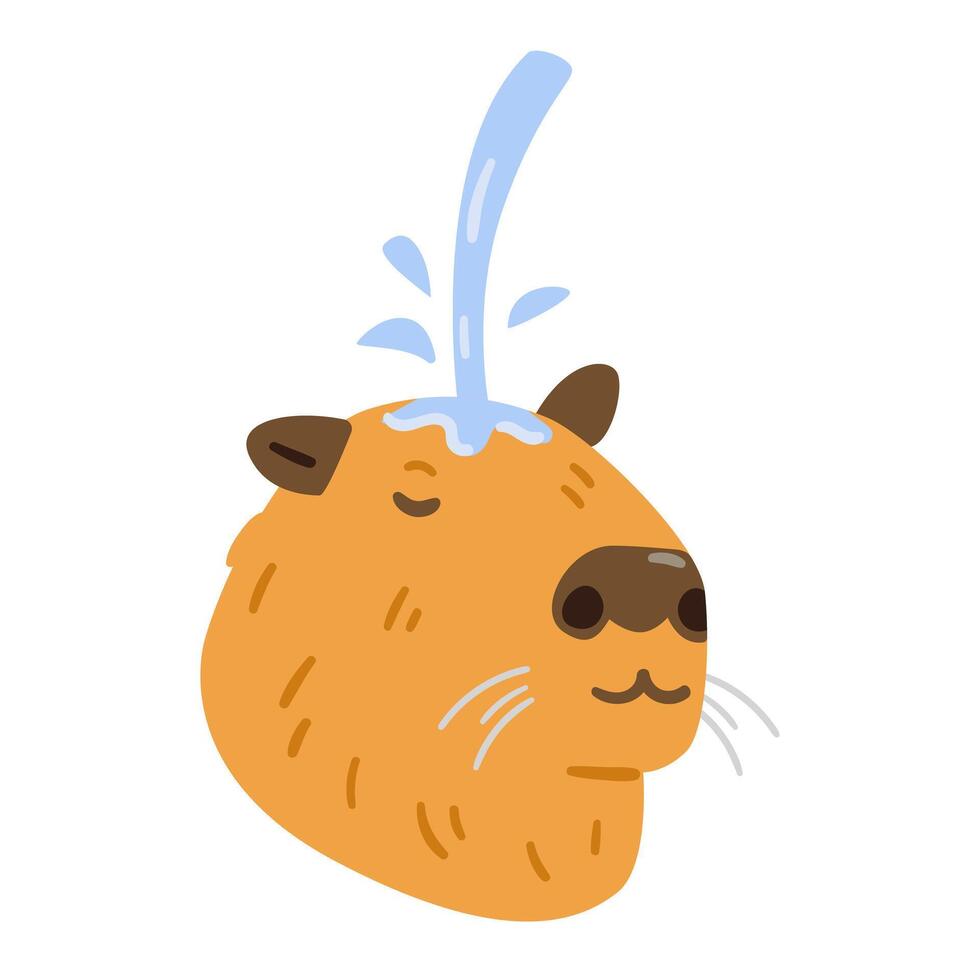 Capybara's head with eyes closed chilling under water jet funny flat illustration isolated on white. vector