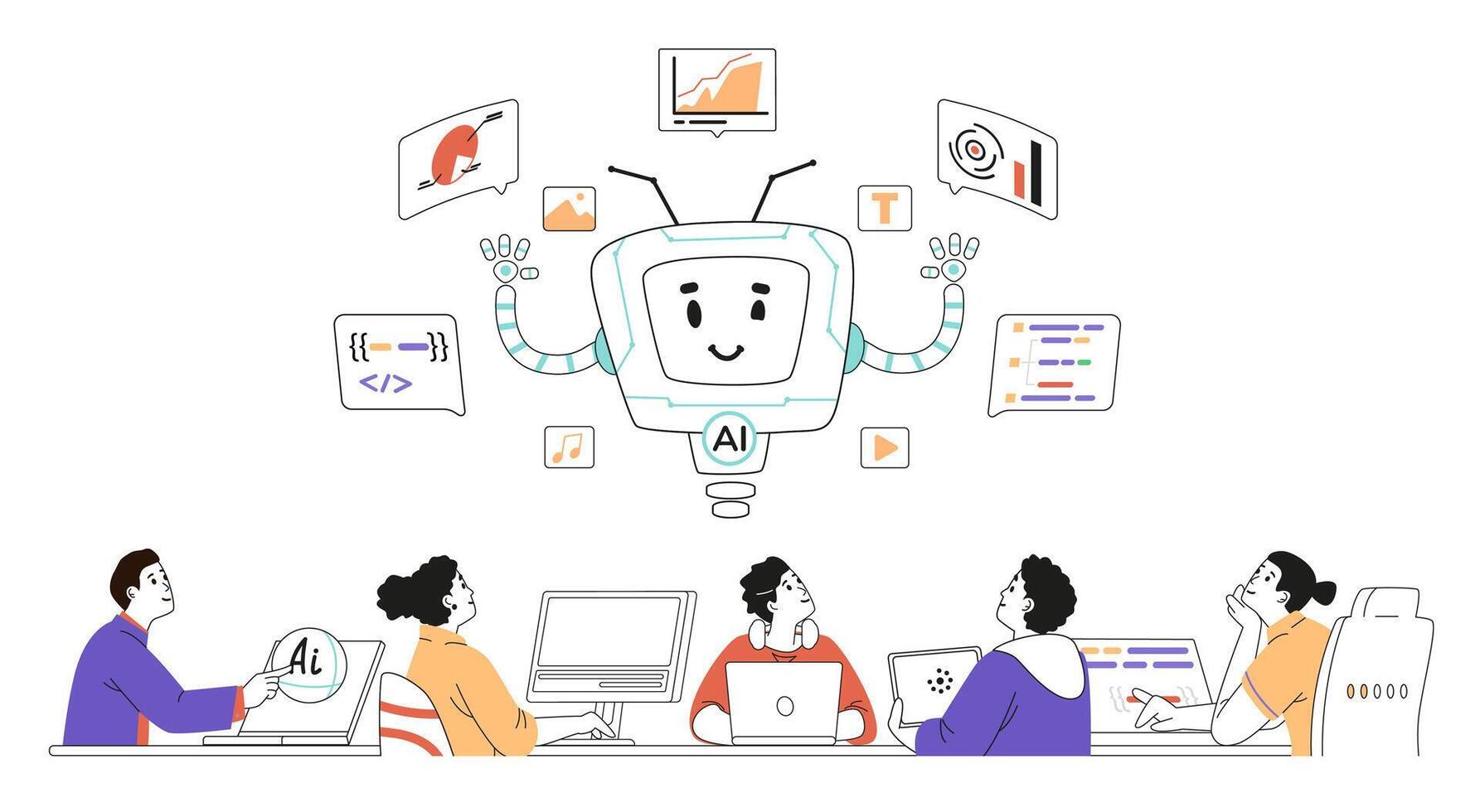 Group of different professionals sitting at one desk interacting with artificial intelligence concept. Men and women hugging with AI robot character linear illustration isolated on white. vector