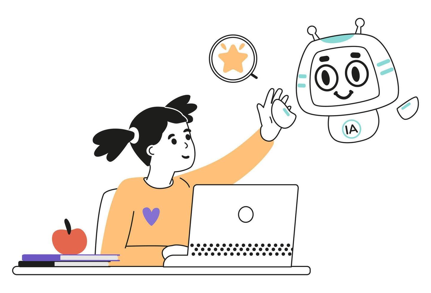 Artificial intelligence in school education concept linear illustration isolated on white. Girl giving high five to AI robot character while studing. vector