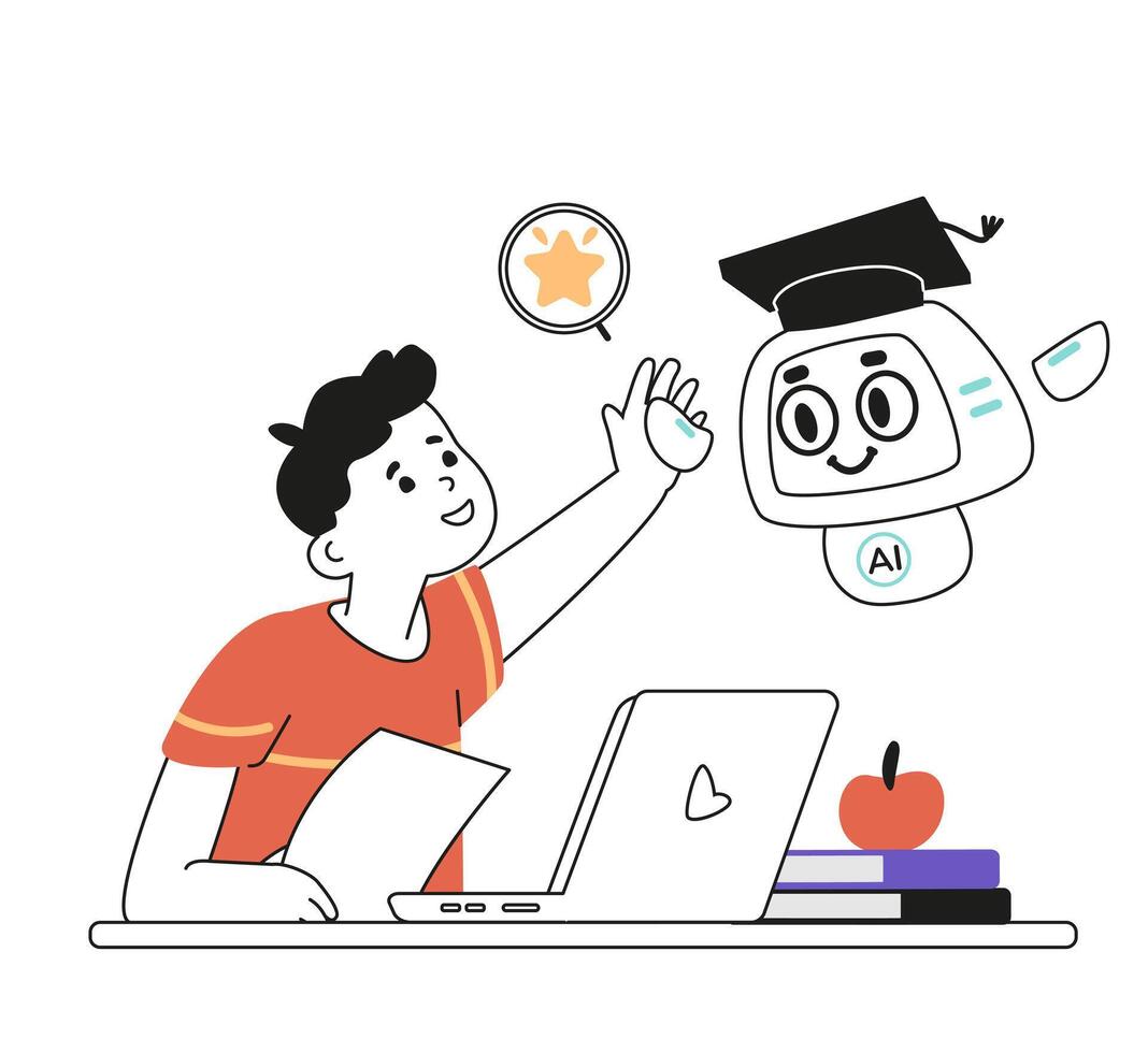 Artificial intelligence in school education concept linear illustration isolated on white. School boy giving high five to Ai robot. Kid interacting with Ai robot while studing. vector