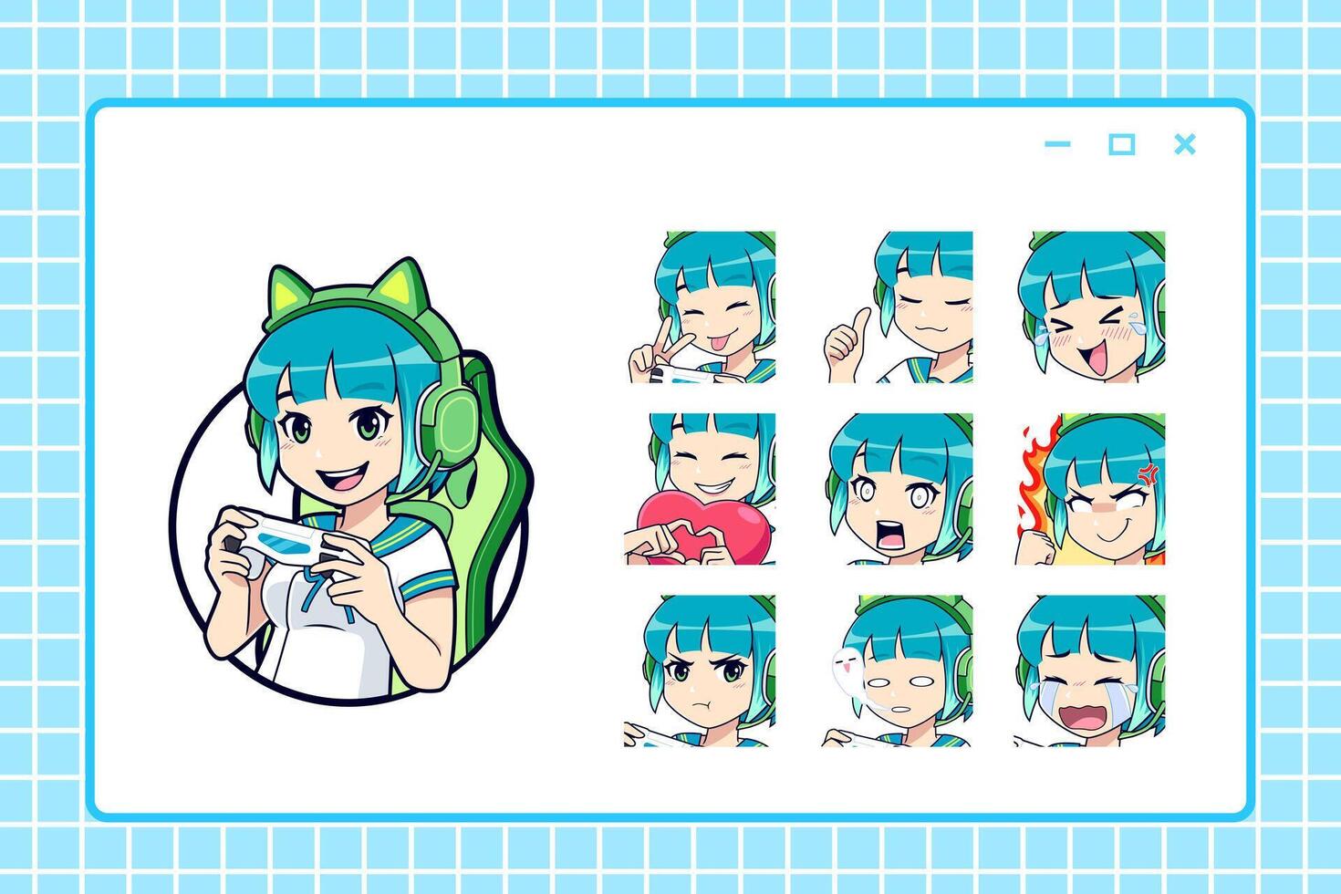 Cute gamer girl streaming logo with icons and sticker expressions set vector