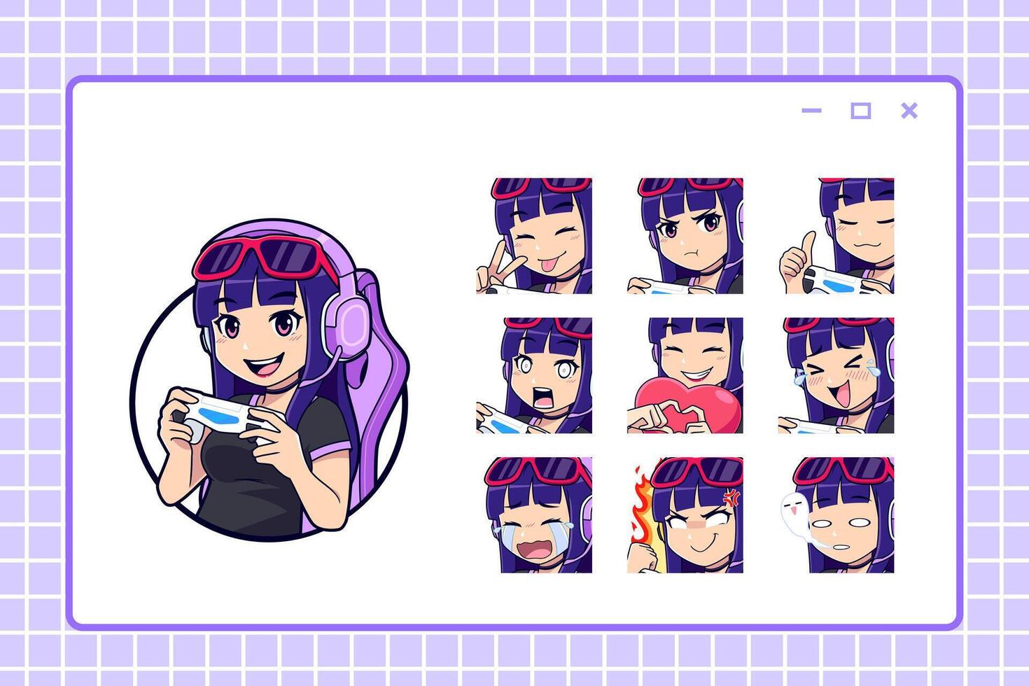 Cute emo e-girl stremer logo with icons and sticker expressions set vector