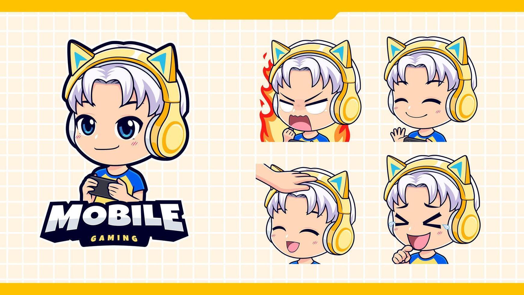 Cute anime gamer boy mascot logo with happy, angry, laughing facial expressions set vector