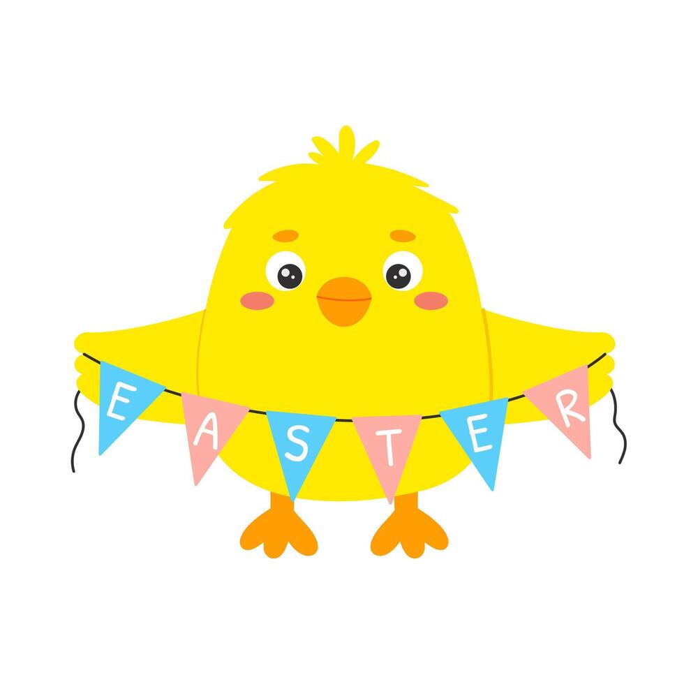 Kawaii yellow chick character holding colorful Easter banner. Flat illustration on white background. Concept for Easter vector