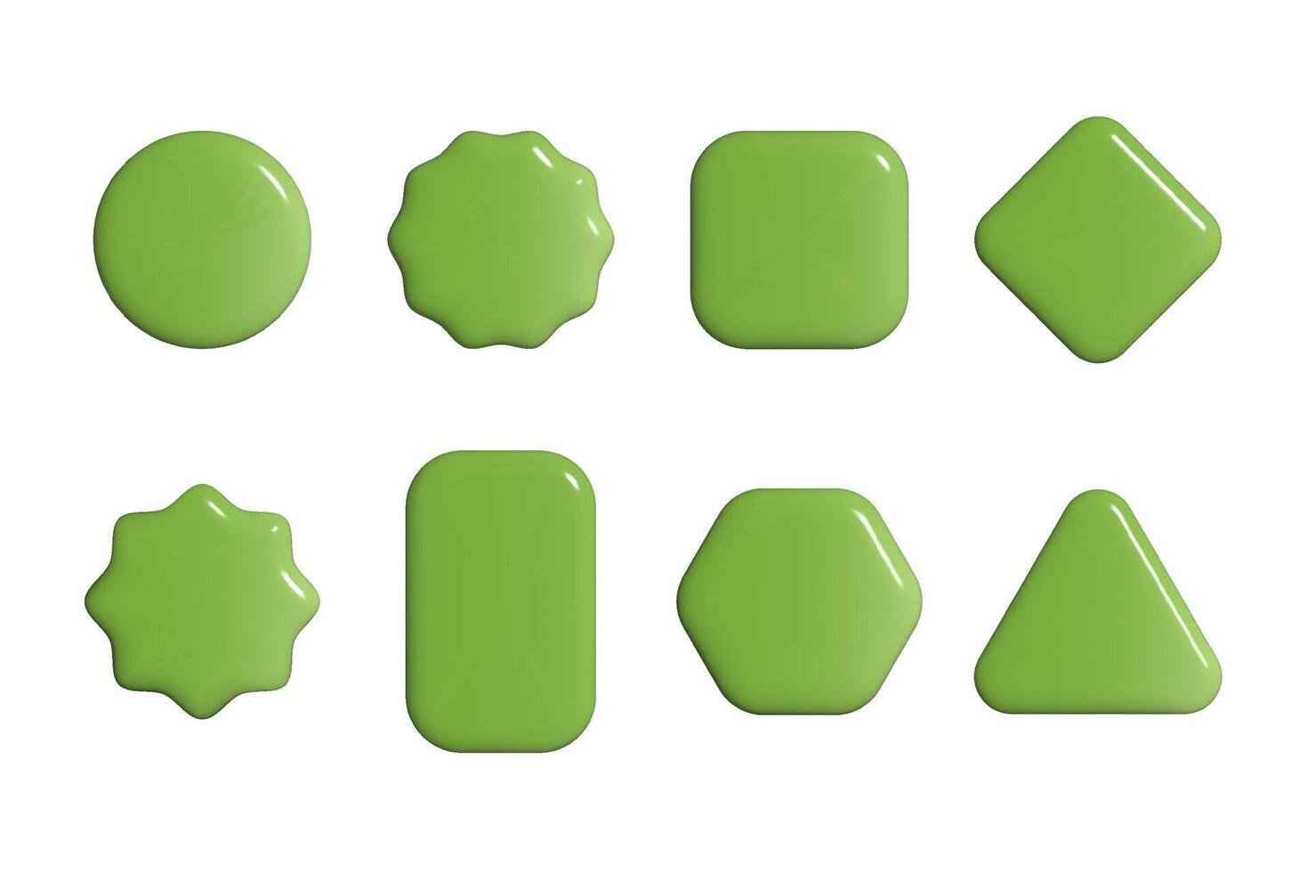 Set of realistic 3d glossy plastic geometric shape green gradient buttons isolated illustration. Circle, triangle, square, rectangular, octagon and hexagon empty blank design elements vector